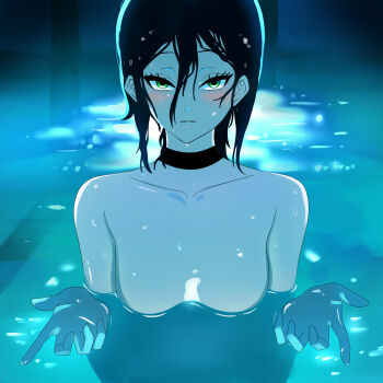 1girl black_choker black_hair breasts chainsaw_man chie_(rhrr7435) choker green_eyes hair_between_eyes highres light_blush looking_at_viewer nude partially_submerged reze_(chainsaw_man) small_breasts solo wet wet_hair