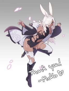 1boy animal_ears black_boots black_leotard black_shorts blush boots dark-skinned_male dark_skin eyeshadow gradient_background grey_background high_collar highres jacket knee_boots lace-up_boots leotard long_hair makeup male_focus mokotoko9 nipple_slip nipples open_mouth original purple_eyeshadow rabbit_boy rabbit_ears shorts skindentation smile solo suggestive_fluid thank_you thighhighs torn_clothes torn_leotard torn_thighhighs trap two-sided_fabric two-sided_jacket white_background white_hair white_thighhighs wide_sleeves