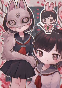 absurdres animal_ear_hairband animal_ears black_hair black_serafuku chibi chikolett fake_animal_ears fox_hinako fox_mask hairband highres holding holding_lead_pipe lead_pipe mask mismatched_arms multiple_views neckerchief pink_serafuku pink_skirt pleated_skirt red_neckerchief school_uniform serafuku shimizu_hinako shimizu_hinako_(pink_rabbit_costume) shimizu_hinako_(white_sailor_school_uniform) silent_hill_(series) silent_hill_f skirt torn_clothes white_serafuku