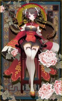 1girl absurdres black_hair black_shorts border braid branch breasts bun_cover chinese_clothes cleavage_cutout clothing_cutout cloud_print collared_dress colored_tips commentary_request double_bun dress drop_shadow ena1215 floral_print floral_print_dress flower flower_knot flower_request full_body hair_bun hair_rings highres inset_border long_hair looking_at_viewer microdress multicolored_hair nijisanji ornate_border pankou parted_lips pink_flower print_dress puffy_shorts purple_eyes red_dress red_hair red_shoes shoes shorts shorts_under_dress shoulder_cutout sleeves_past_fingers sleeves_past_wrists slip-on_shoes small_breasts smile solo tassel thighhighs tsukino_mito tsukino_mito_(china_dress) twin_braids very_long_hair virtual_youtuber white_thighhighs wide_sleeves