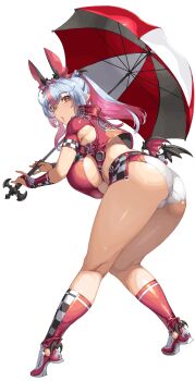 1girl animal_ears ass ass_focus bat_ears bat_girl bikini boots breasts bridal_gauntlets checkered_print commentary_request cropped_vest curvy extra_ears from_side full_body grey_hair hair_ornament high_collar highres holding holding_umbrella huge_breasts kneepits leaning_forward legs long_hair long_legs long_pointy_ears long_sidelocks looking_at_viewer looking_back looking_to_the_side low_wings mini_wings multicolored_hair nail_polish nishii_(damnedrive) original paid_reward_available parasol parted_lips pink_hair pink_nails plump pointy_ears ponytail race_queen red_bikini red_boots red_bridal_gauntlets red_vest shiny_skin sidelocks simple_background solo swimsuit thick_thighs thighs tiptoes trefoil two-tone_hair umbrella underboob vest white_background white_bikini wing_hair_ornament wings