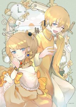 1boy 1girl aged_down aku_no_meshitsukai_(vocaloid) aku_no_musume_(vocaloid) allen_avadonia ascot bare_shoulders beach black_box blonde_hair blue_eyes blue_gemstone bow bracelet brioche brooch brother_and_sister choker clock collarbone collared_jacket cup cutlery dress earrings evillious_nendaiki flashback flower food fork four_mirrors_of_lucifenia frilled_dress frilled_sleeves frills gears gem green_background grin hair_bow hair_ornament hairclip high_ponytail highres jacket jewelry kagamine_len kagamine_rin knife light_blush looking_at_another looking_at_viewer low_ponytail message_in_a_bottle necklace ocean off-shoulder_dress off_shoulder ojou-sama_pose one_eye_closed open_mouth orange_bow orange_ribbon pants pastry petals plate ponytail red_gemstone regret_message_(vocaloid) ribbon riliane_lucifen_d'autriche roman_numeral rose shell shell_necklace short_ponytail siblings smile spoon sunset sword teacup thorns tomari_drew twins twiright_prank_(vocaloid) twitter_username updo vessel_of_sin vocaloid weapon white_pants wide_sleeves yellow_choker yellow_dress yellow_flower yellow_rose