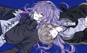 2boys black_jacket black_necktie black_shirt blue_background blue_hair brown_hair closed_eyes collared_shirt commentary crossed_bangs dual_persona hair_between_eyes hoshirube_sho hoshirube_sho_(1st_costume) jacket long_hair long_sleeves lying male_focus multicolored_hair multiple_boys mummeo_p necktie nijisanji on_back open_clothes open_jacket own_hands_together parted_lips purple_hair school_uniform shirt short_hair simple_background streaked_hair symbol-only_commentary vest virtual_talent_academy virtual_talent_academy_school_uniform virtual_youtuber white_shirt white_vest wing_collar