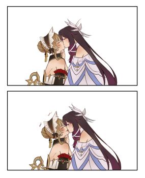 Rule 34 | 2girls, absurdres, bare shoulders, black collar, black hair, black sleeves, blue eyes, blush, bonnet, bow, brown hair, calermine, chocolate, chocolate on face, closed eyes, closed mouth, collar, columbina (genshin impact), detached collar, dress, face-to-face, food, food on body, food on face, genshin impact, hair bow, hair ornament, hand on another's face, head wings, headdress, highres, kiss, licking, licking another's face, licking another's lips, long hair, long sidelocks, multicolored hair, multiple girls, multiple wings, purple hair, purple streaks, ribbon, sandrone (genshin impact), short hair with long locks, sidelocks, streaked hair, two-tone hair, valentine, very long hair, white dress, white headdress, white wings, winding key, wing hair ornament, wings, yuri