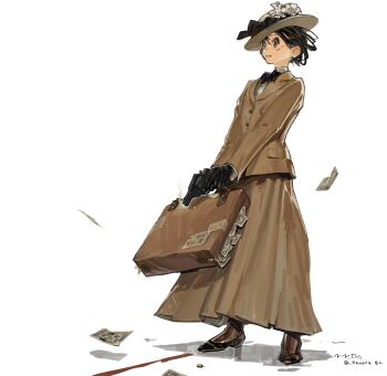 1girl absurdres artist_name banknote black_bow black_bowtie black_gloves black_hair black_shoes blood blood_on_face blood_on_ground boater_hat bow bowtie briefcase brown_hat brown_jacket brown_skirt clenched_teeth collared_shirt commentary_request falling_money finger_on_trigger flower from_side full_body gloves green_eyes grimace gun hair_between_eyes handgun hat hat_bow hat_flower highres holding holding_briefcase holding_gun holding_weapon jacket lapels long_skirt long_sleeves looking_ahead money nanora notched_lapels open_mouth original revolver shadow shell_casing shirt shoes short_hair signature simple_background skirt smoke smoking_barrel solo standing teeth twitter_username weapon white_background white_flower white_shirt