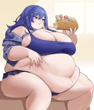 1girl absurdres belly belly_grab bifizu's_gold big_belly blue_eyes blue_hair blue_shirt blue_skirt blue_sports_bra blush breasts cake cleavage commission eating fairy_tail fat fat_woman food food_on_face fruit hand_on_own_stomach highres holding holding_food huge_belly huge_breasts juvia_lockser long_hair miniskirt navel obese off-shoulder_shirt off_shoulder open_clothes open_mouth open_shirt plaid_clothes plaid_shirt shirt sitting skeb_commission skirt solo sports_bra strawberry