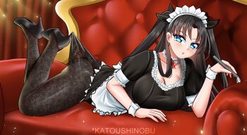 Rule 34 | 1girl, absurdres, alternate breast size (larger), alternate costume, black hair, black pantyhose, blue eyes, breasts, commentary, couch, duster, english commentary, enmaided, fate/stay night, fate (series), high heels, highres, holding, holding duster, katou shinobu, lace pantyhose hooked on heel (meme), large breasts, long hair, maid, maid headdress, meme, pantyhose, parted lips, solo, tohsaka rin, two side up, wrist cuffs