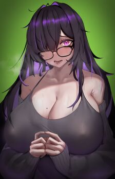 1girl absurdres akira_win armpit_crease black-framed_eyewear black_cardigan black_dress black_hair blush breasts breath cardigan cleavage colored_inner_hair commentary_request covered_erect_nipples dress glasses goddess_of_victory:_nikke green_background hair_over_one_eye highres huge_breasts label_(nikke) large_breasts long_hair looking_at_viewer mojyo mole mole_on_breast multicolored_hair nipples open_mouth purple_eyes purple_hair solo steam sweat two-tone_hair veins veiny_breasts