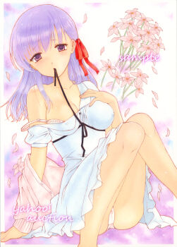 1girl arm_at_side arm_up border bra breasts cardigan cardigan_partially_removed cleavage collared_dress come_hither commentary commentary_request covered_erect_nipples crotch_seam dated_commentary dress english_commentary falling_petals fate_(series) feet_out_of_frame flower flower_request hair_ribbon hand_on_own_chest hand_up highres knees_up large_breasts long_hair looking_at_viewer matou_sakura mixed-language_commentary mouth_hold off_shoulder outside_border panties petals pink_cardigan pink_flower purple_background purple_eyes purple_hair raised_inner_eyebrows red_ribbon ribbon sitting solo strap_slip underwear white_border white_bra white_dress white_panties yukinoko_ac