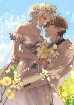 1boy 1girl bare_shoulders black_hair bouquet bridal_veil collarbone commentary_request dan_heng_(honkai:_star_rail) dress falling_petals flower flower_wreath formal_clothes green_eyes grey_hair head_wreath highres holding holding_bouquet honkai:_star_rail honkai_(series) jacket jorim_genshin01 korean_commentary long_sleeves off-shoulder_dress off_shoulder parted_lips petals pointy_ears short_hair smile stelle_(honkai:_star_rail) suit suit_jacket trailblazer_(honkai:_star_rail) veil wedding_dress white_dress white_flower white_suit yellow_eyes yellow_flower yellow_petals