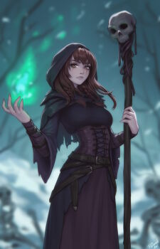 Rule 34 | 1girl, black dress, braid, breasts, brown eyes, brown hair, closed mouth, commentary, corset, dress, english commentary, highres, holding, holding staff, hood, hood up, long hair, looking at viewer, medium breasts, original, personal ami, skull, solo, staff