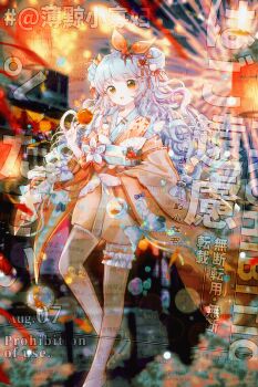 1girl :o animated animated_gif berry black_footwear blinking blue_hair blue_sash blurry blurry_background boqing_xiao_guafu bow candy_apple chinese_commentary clenched_hand commentary_request commission dot_nose double_bun festival fireworks flower food food_stand foot_out_of_frame frilled_thigh_strap geta hair_bow hair_bun hair_ornament hair_ribbon highres holding holding_candy_apple holding_food japanese_clothes kimono lantern leg_up light_blush long_hair long_sleeves looking_at_viewer night obi open_mouth orange_bow orange_eyes orange_kimono orange_theme original outdoors paper_lantern pom_pom_(clothes) pom_pom_hair_ornament red_ribbon ribbon ribbon-trimmed_sleeves ribbon_trim sample_watermark sash short_kimono solo standing striped_bow thigh_strap too_many_watermarks very_long_hair waist_bow watermark wavy_hair weibo_watermark white_flower wide_sleeves yukata