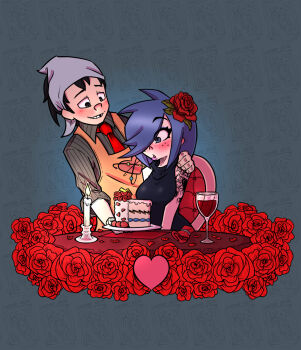 1boy 1girl apron black_tank_top blue_hair bow bowtie cake candle couple cup ed_edd_n_eddy edd_(ed_edd_n_eddy) flower food heart kenbr_arts marie_kanker rose smile tank_top valentine