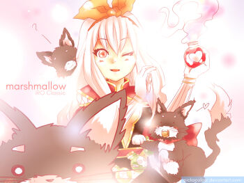 1girl black_cat black_dress blush bow breasts cape cat character_name commentary creator_(ragnarok_online) dress english_commentary gloves hair_bow heart highres long_hair looking_at_viewer love_potion medium_breasts one_eye_closed open_mouth orange_bow pickacolour pink_background pink_eyes poison potion ragnarok_online red_cape smile smoke solo strapless strapless_dress upper_body white_gloves white_hair wildrose