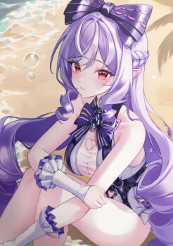 1girl absurdres ahoge arm_on_knee bare_shoulders beach blue_gemstone bow bowtie breasts bubble clothing_cutout collarbone commentary cowboy_shot drill_hair drill_sidelocks english_commentary frilled_one-piece_swimsuit frilled_wrist_cuffs frills gem hair_bow heart_cutout highres knees_up large_breasts long_hair looking_at_viewer mole mole_under_eye nurie6351 official_alternate_costume one-piece_swimsuit outdoors palm_tree parted_lips pointy_ears purple_bow purple_bowtie purple_hair red_eyes sand see-through_clothes shadow sidelocks sitting solo stomach_cutout swimsuit tree two-tone_one-piece_swimsuit vivian_banshee vivian_banshee_(iris_of_the_shore) water white_one-piece_swimsuit wrist_cuffs zenless_zone_zero