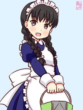 1girl alternate_costume apron artist_logo black_hair blue_background blue_dress blush braid brown_eyes commentary_request cowboy_shot dated dress enmaided kanon_(kurogane_knights) kantai_collection landing_ship_no._101_(kancolle) logo long_hair long_sleeves looking_at_viewer low_twintails maid maid_apron maid_headdress one-hour_drawing_challenge open_mouth school_uniform smile solo twin_braids twintails white_apron
