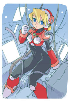 1girl alia_(mega_man) android armor armored_boots armored_gloves blonde_hair blue_eyes bodysuit boots breasts cable gloves hair_between_eyes headphones headset helmet joints knee_pads looking_at_viewer mega_man_(series) mega_man_x_(series) open_mouth oyster_(artist) red_armor robot_ears robot_joints short_hair shoulder_armor solo white_gloves wire