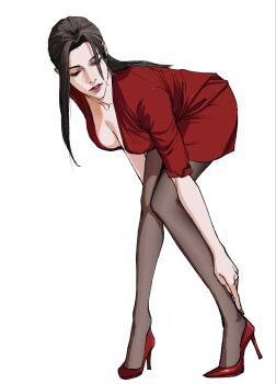 bent_over breasts brown_hair brown_pantyhose cleavage collarbone dress eyelashes full_body hair_pulled_back half-closed_eyes high_heels highres knees_together_feet_apart large_breasts leaning_forward long_bangs long_legs looking_down mole mole_under_eye pantyhose parted_bangs parted_lips ponytail red_dress red_shoes shoes short_dress short_sleeves slim_legs sozoo1029 standing uneven_bangs