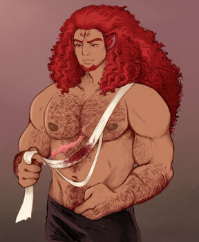 1boy animal_ears arm_hair bandages bara beard blood bloody_bandages chest_hair closed_mouth facial_hair fire_emblem fire_emblem:_radiant_dawn gradient_background hairy highres large_pectorals long_hair male_focus muscular muscular_male navel navel_hair nintendo nipples pectorals red_hair removing_bandages scar skrimir_(fire_emblem) solo topless_male twiliunicorn