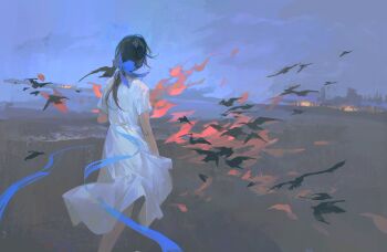 1girl absurdres bird black_hair blue_bow bow chinese_commentary commentary_request dress flock from_behind hair_bow hanmaodou47529 highres long_hair original outdoors ponytail short_sleeves sky solo white_dress