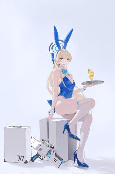 1girl animal_ear_hairband animal_ears aqua_ribbon bare_shoulders blonde_hair blue_archive blue_eyes blue_hairband blue_halo blue_leotard blue_nails blue_shoes breasts commentary detached_collar fake_animal_ears fingernails food full_body gun hairband halo high_heels highres holding holding_plate ice_cream large_breasts legs leotard long_hair nail_polish neck_ribbon official_alternate_costume plate playboy_bunny rabbit_ears ribbon shoes simple_background sitting sleeveless solo strapless strapless_leotard thighhighs thighs tiaogeng toki_(blue_archive) toki_(bunny)_(blue_archive) weapon white_background white_thighhighs white_wrist_cuffs wrist_cuffs