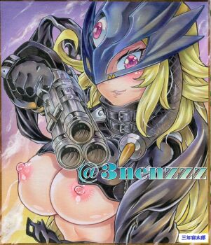 beelstarmon breasts commission cropped_shirt digimon digimon_(creature) eye_mask eyelashes finger_on_trigger gun highres holding holding_gun holding_weapon large_breasts marker_(medium) mask nipples photo_(medium) purple_eyes purple_lips sannen_netarou shikishi third_eye traditional_media upper_body weapon