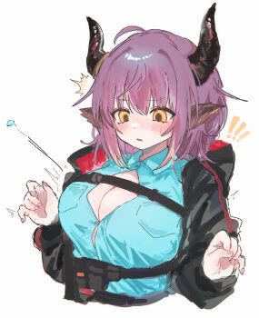 ! !! 1girl ^^^ ahoge animal_ears arknights black_horns black_jacket blue_shirt blush breast_pocket breasts bursting_breasts buttons cleavage collared_shirt commentary cropped_torso framed_breasts highres horns jacket large_breasts long_sleeves morita_(pixiv31883607) parted_lips pink_hair pocket popped_button shirt short_hair sideroca_(arknights) simple_background sketch solo strap sweatdrop wardrobe_malfunction white_background yellow_eyes