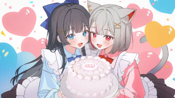 Rule 34 | 2girls, animal ear fluff, animal ears, apron, black hair, black skirt, blue bow, blue bowtie, blue eyes, blue shirt, bow, bowtie, cake, cat girl, collared shirt, color coordination, commentary, english commentary, fang, food, grey hair, hair ornament, heart, heart background, heart hair ornament, highres, holding, holding plate, long sleeves, looking at viewer, maid apron, multicolored hair, multiple girls, neneko mashiro, open mouth, pink shirt, plate, pleated skirt, red bow, red bowtie, red eyes, shirayuki hina, shirt, short hair, skin fang, skirt, smile, stellive, streaked hair, study huni, tail, triangle mouth, virtual youtuber, white apron, wing collar, x hair ornament