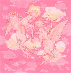 Rule 34 | 2others, angel, animal focus, antlers, deer, deer antlers, fawn, feathered wings, feathers, fleebites, halo, horns, limited palette, moon, multiple others, no humans, original, pastel colors, pink background, pink clouds, pink feathers, pink fur, pink theme, pink wings, star (sky), sun, wings, yellow clouds, yellow halo