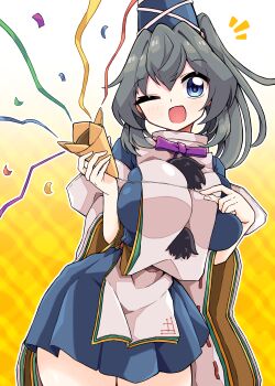 Rule 34 | 1girl, ;d, absurdres, black dress, black hat, blue eyes, blush, breasts, commentary request, confetti, dress, gradient background, grey hair, gurajio, hat, highres, japanese clothes, kariginu, large breasts, looking at viewer, medium breasts, mononobe no futo, one eye closed, open mouth, party popper, pom pom (clothes), ponytail, ribbon-trimmed sleeves, ribbon trim, smile, solo, tate eboshi, touhou, wide sleeves, yellow background