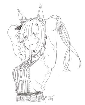 1girl animal_ears arms_behind_head asymmetrical_bangs belt blush braid commentary_request cropped_torso crown_braid dated dot_nose ear_ornament eyes_visible_through_hair frilled_shirt frills from_side greyscale horse_ears horse_girl kawashina_(momen_silicon) long_hair looking_at_viewer mejiro_ardan_(casual)_(umamusume) mejiro_ardan_(umamusume) monochrome mouth_hold ribbed_shirt ribbon ribbon_in_mouth shirt shirt_tucked_in sidelocks signature simple_background sketch solo standing tying_hair umamusume upper_body white_background
