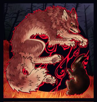 animal animal_focus black_border border brown_eyes claws colored_sclera commentary corrupted_twitter_file english_commentary fang fluffy grass highres kitty_(fernwhisker) no_humans original outdoors pawpads rabbit red_eyes signature skin_fang tree wolf yellow_sclera