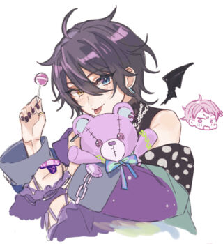 2boys absurdres black_hair blue_eyes demon_boy demon_wings ensemble_stars! heterochromia highres itsuki_shu kagehira_mika long_sleeves looking_at_viewer male_focus multiple_boys pink_hair purple_eyes sketch stuffed_animal stuffed_toy sushi_171 teddy_bear tongue tongue_out white_background wings yellow_eyes