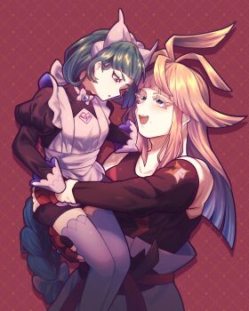 1boy 1girl absurdres apron belt black_romper blonde_hair blunt_bangs bow bowtie braid braided_ponytail carrying commentary_request dougi fumafuma735 green_hair highres ivor_(pokemon) juliet_sleeves karate_gi lebanne_(pokemon) long_braid long_hair long_sleeves maid maid_apron maid_headdress mole mole_under_mouth nintendo o-ring o-ring_belt open_mouth pink_lips pokemon pokemon_legends:_z-a princess_carry puffy_sleeves romper smile tsurime white_bow white_bowtie