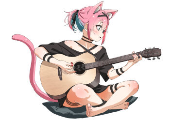 .live 1girl acoustic_guitar animal_ears aqua_hair black_choker black_hairband black_shirt blue_eyes cat_ears cat_girl cat_tail choker commentary_request criss-cross_straps full_body guitar hair_intakes hairband highres holding holding_plectrum indian_style instrument multicolored_hair music nail_polish nekonade_kozeni off-shoulder_shirt off_shoulder pillow pink_hair pink_nails playing_instrument plectrum ponytail shirt short_ponytail sitting solo tail tama_(tamago) thigh_strap toenail_polish toenails two-tone_hair virtual_youtuber