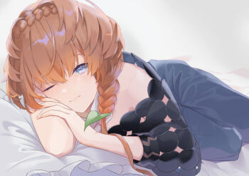1girl blue_eyes blue_overalls braid breasts crown_braid fate/grand_order fate_(series) long_hair looking_at_viewer lying on_side one_eye_closed orange_hair overall_shorts overalls puffy_sleeves shimaa482 side_braid small_breasts solo van_gogh_(fate) van_gogh_(first_ascension)_(fate)