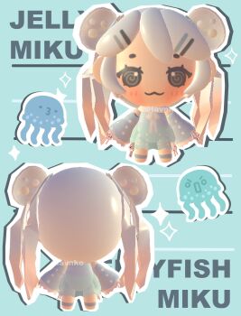 1girl 3d :3 @_@ absurdres alternate_costume alternate_hair_color alternate_hairstyle animal_print blush chibi chibi_only detached_sleeves english_text eyelashes hatsune_miku highres jellyfish jellyfish_girl jellyfish_hair_ornament lavy_(lavnko) outline see-through_clothes sparkle tentacle_hair twintails vocaloid white_hair white_outline