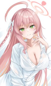 1girl absurdres ahoge blue_archive blush bow braid breasts cleavage closed_mouth collarbone collared_shirt commentary_request dress_shirt eyelashes green_eyes hair_bow hair_intakes halo hanako_(blue_archive) hanako_(swimsuit)_(blue_archive) hand_up highres huge_ahoge index_finger_raised kurota_kuroki large_breasts long_hair looking_at_viewer official_alternate_costume oversized_clothes oversized_shirt pink_hair pink_halo shirt sidelocks simple_background single_braid smile solo split_mouth straight_hair upper_body very_long_hair white_background white_bow white_shirt