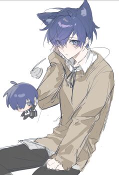Rule 34 | 1boy, animal ear fluff, animal ears, bag, black bag, black pants, black ribbon, blue eyes, blue hair, brown sweater, cat ears, chibi, chinese commentary, chunjinran000, closed mouth, collared shirt, commentary request, expressionless, gekkoukan high school uniform, hair over one eye, hand on own ear, hand on own thigh, invisible chair, jacket, kemonomimi mode, long sleeves, male focus, multiple views, neck ribbon, open clothes, open jacket, pants, persona, persona 3, ribbon, school bag, school uniform, shirt, simple background, sitting, sketch, sweater, untucked shirt, white background, white shirt, yuuki makoto (persona 3)