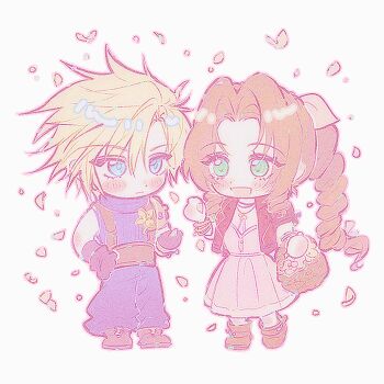 1boy 1girl aerith_gainsborough armor baggy_pants bangle basket belt black_gloves blonde_hair blue_eyes blue_pants blue_shirt blush boots bracelet braid braided_ponytail brown_belt brown_boots brown_hair chibi chibi_only choker closed_mouth cloud_strife dress falling_petals final_fantasy final_fantasy_vii final_fantasy_vii_remake flower flower_basket flower_choker gloves green_eyes hair_between_eyes hair_ribbon holding holding_basket jacket jewelry long_hair neveromance open_mouth pants parted_bangs pauldrons petals pink_dress pink_ribbon red_jacket ribbon shirt short_hair shoulder_armor sidelocks single_braid single_pauldron sleeveless sleeveless_turtleneck smile spiked_hair suspenders turtleneck white_background yellow_flower