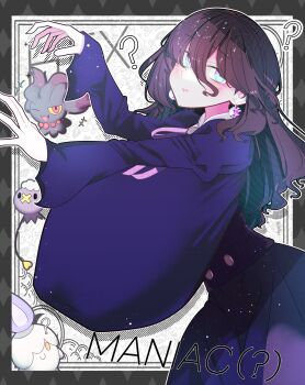 1girl 3others ? black_hair blue_eyes blush breasts dress drifloon english_text female_focus gen_2_pokemon gen_4_pokemon gen_5_pokemon hair_between_eyes hex_maniac_(pokemon) hex_maniac_(pokemon_legends:_z-a) huge_breasts kuyu730 litwick long_hair looking_at_viewer misdreavus multiple_others nintendo one_eye_closed pale_skin pokemon purple_dress shiny_skin solo standing taut_clothes taut_dress wink