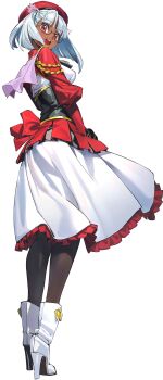 1girl black_necktie blush boots breasts code_geass code_geass:_genesic_re;code code_geass:_soubou_no_oz dark-skinned_female dark_skin full_body glasses hat highres long_sleeves looking_at_viewer looking_back medium_breasts military_uniform necktie official_art open_mouth red_eyes red_hat red_ribbon red_skirt ribbon shirt short_hair skirt smile solo toto_thompson white_boots white_hair white_shirt