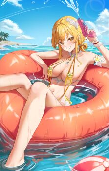 1girl absurdres afloat arm_garter ball beach beachball bikini blonde_hair blush breasts cleavage cloud cloudy_sky fenny_golden frilled_wristband grin hair_ornament hashtag-only_commentary highres holding holding_water_gun looking_at_viewer medium_breasts navel ocean on_innertube palm_tree pongdo sidelocks sitting sky slingshot_swimsuit smile snowbreak:_containment_zone solo swept_bangs swimsuit tree water_gun yellow_slingshot_swimsuit