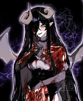 asymmetrical_sleeves black_background black_corset black_hair blood blood_on_clothes blush bracelet bridal_gauntlets character_request chinese_commentary choker commentary_request corset demon_horns demon_wings dress ear_piercing earrings fang frills guro hair_over_one_eye hand_on_own_chest highres horns jewelry long_hair long_sleeves open_mouth organs original piercing pointy_ears shawl short_sleeves turtleneck very_long_hair watermark white_dress white_shawl wings xiyuqian