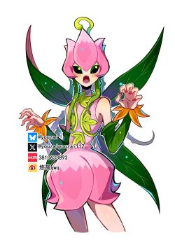 1girl bare_shoulders commentary cowboy_shot digimon digimon_(creature) dress fairy_wings green_hair green_wings highres lilimon long_hair multiple_wings open_mouth pink_dress plant_hair simple_background solo symbol-only_commentary white_background wings youzaiyouzai112
