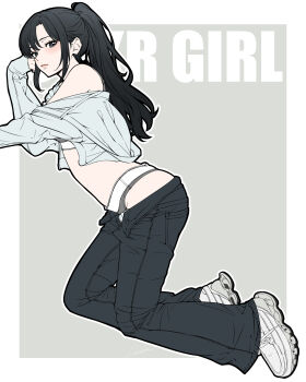 1girl bambi_surprise black_eyes black_hair black_pants commentary english_commentary from_side grey_sports_bra grey_sports_panties highres jacket long_hair looking_at_viewer open_clothes open_fly open_jacket original pants ponytail shoes sneakers solo sports_bra white_shoes