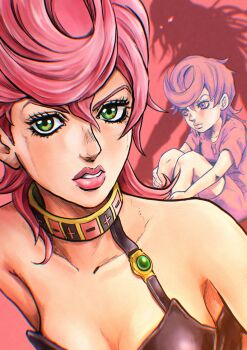 1boy 2girls absurdres aged_down breasts child cleavage commentary commentary_request diavolo dual_persona green_eyes hatching_(texture) highres jojo_no_kimyou_na_bouken kaib0y long_hair medium_breasts multicolored_choker multiple_girls parted_lips pink_hair pink_lips short_hair silhouette teeth trish_una vento_aureo