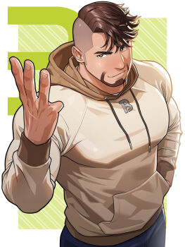 Rule 34 | 1boy, asymmetrical hair, atsushi kenzaki, bara, blue pants, broad shoulders, brown eyes, brown hair, commentary request, covered erect nipples, covered pectorals, cowboy shot, denim, drawstring, facial hair, gachimuchi de dosukebe na kateikyoushi no oniisan to sugosu natsu, goatee, hand in pocket, highres, hood, hood down, hoodie, jeans, large pectorals, light frown, male focus, muscular, muscular male, pants, pectorals, sidecut, smile, solo, thick arms, thick eyebrows, tight clothes, undercut, v-taper, wasp (anthyutena)