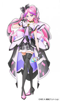 1girl black_boots black_bow black_dress black_gloves boots bow copyright_notice crossed_legs cure_kiss dress earrings fortissimo full_body gloves hair_bow hair_ornament hand_up high_heel_boots high_heels highres holding holding_microphone jewelry kimi_to_idol_precure long_hair looking_at_viewer meroron_(precure) microphone multicolored_hair musical_note musical_note_hair_ornament official_art parted_bangs pink_hair precure second-party_source simple_background solo standing streaked_hair tachi-e thigh_boots very_long_hair white_background