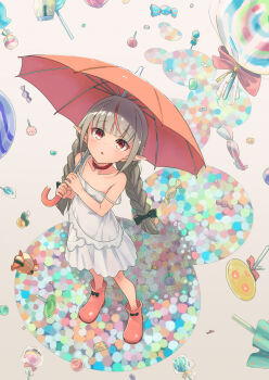1girl :o bare_shoulders black_ribbon blush boots braid candy collar collarbone dress female_focus food from_above full_body grey_hair hair_ribbon highres holding holding_umbrella lollipop long_hair makaino_ririmu makaino_ririmu_(3rd_costume) multicolored_hair nijisanji no_socks pointy_ears red_collar red_eyes red_hair ribbon sabamen sleeveless sleeveless_dress solo strap_slip streaked_hair twin_braids umbrella virtual_youtuber white_dress